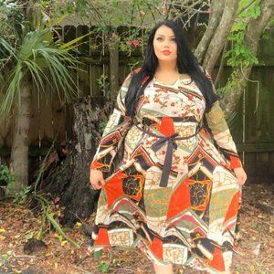 Plus Size Belt Design Scarf Print V-neck Dress 4X